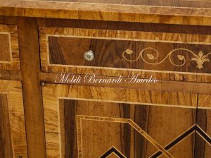 Handcrafted sideboard made of solid wood and richly inlaid in walnut and olive wood in neo-classical style